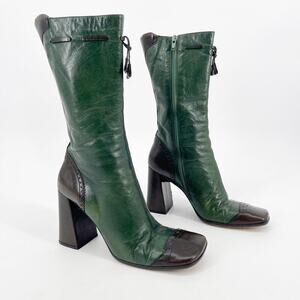 Prada Fall/Winter 1999 Green & Brown Leather Mid-Calf Block Heel Boots IT 37
